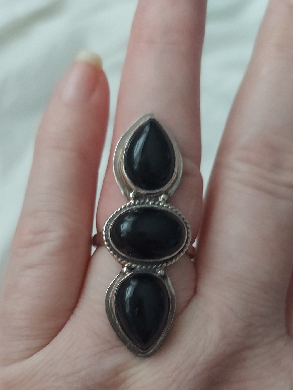Triple Black Onyx Sterling-Style Statement Ring